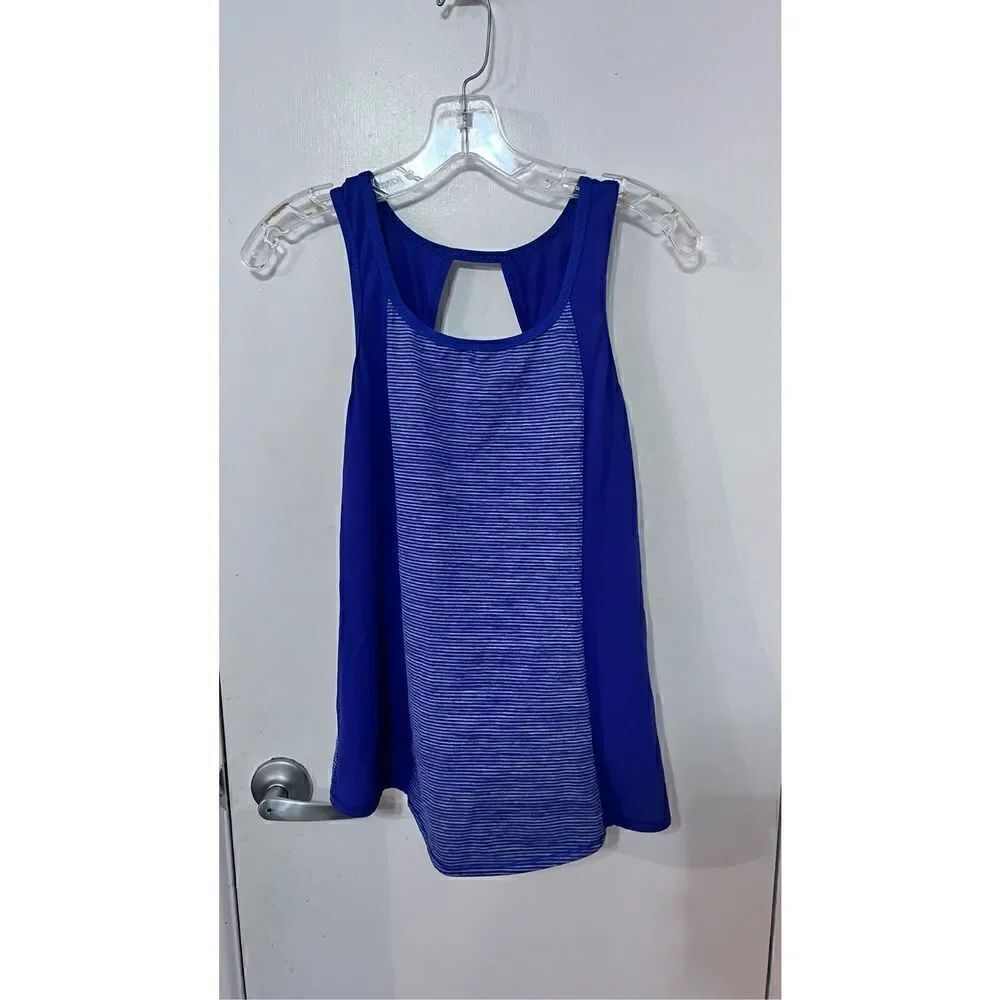 Lululemon Women's Athletic Back Wrap Cut Out Striped Blue Tank Top Size S